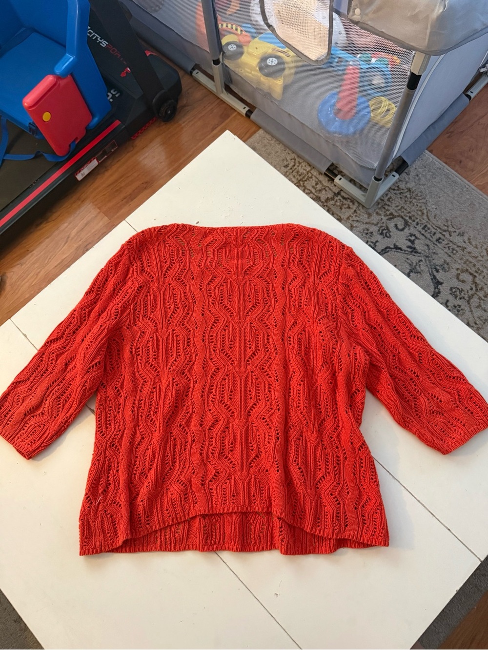 Tradition Tomato Red Orange Knit Openwork Boatneck Sweater Boho Casual Chic - Picture 5 of 5